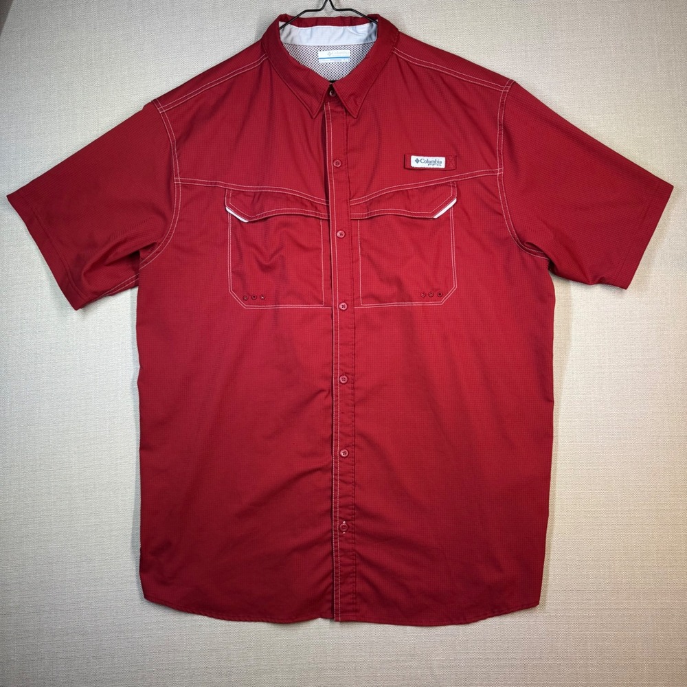 Columbia PFG Mens Button Up Vented Fishing Shirt Red Omni Shade Size XL